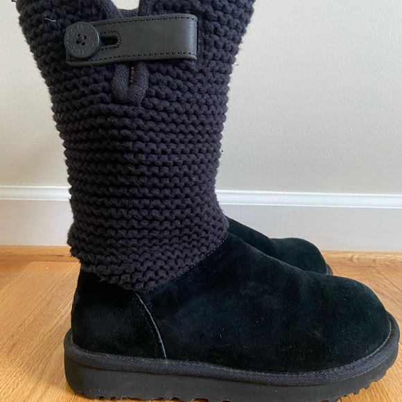 UGG Shaina Boots Women's 7 Black Suede Knit Cuff Lined Winter Snow Shearling EUC - Picture 7 of 13